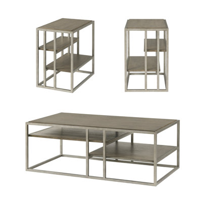 3 Table : Metal Frame Living Room Coffee And Chairside Tables, Veneer, Warm Brown, Fixed Shelf Organization For :  2 Metal, Wood, Rectangular, Shelve