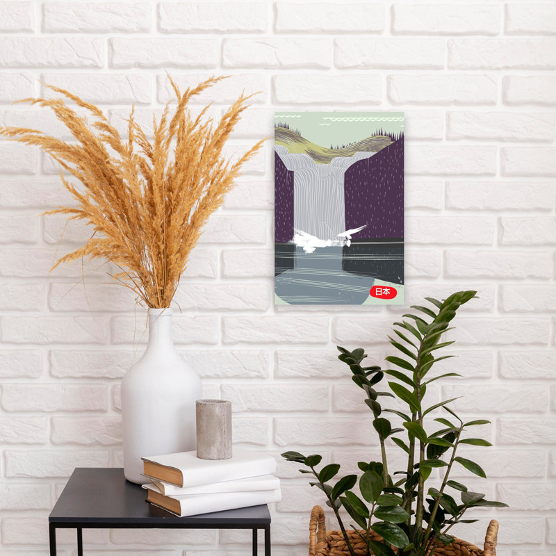Japanese Waterfall Birds Minimalist Peaceful Retro Bird Forest Landscape Wall Art Print 1 Piece Wrapped Canvas Wall Art