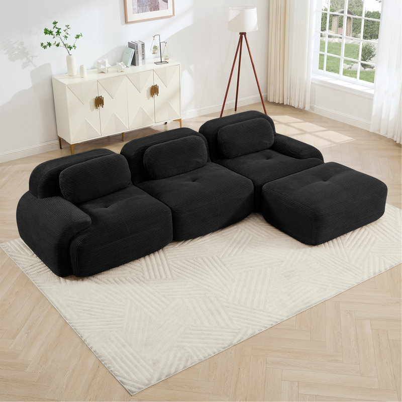 Canapé modulaire en forme de L sans assemblage Conception ergonomique sans danger pour les animaux de compagnie Tissu en velours côtelé extra-large avec accoudoirs courbés 32D éponge à haute résilience pour le salon, noir