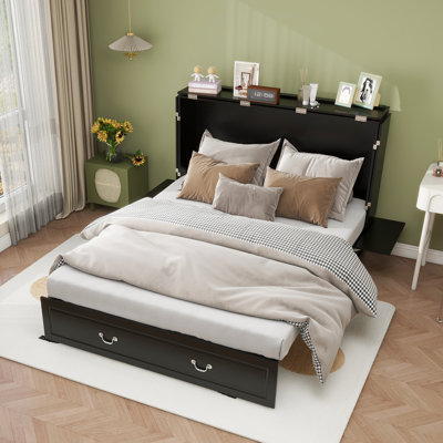 Murphy Bed Storage Cabinet with Drawers, Mattress Included, Black