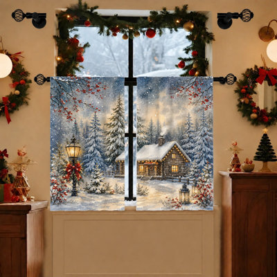 2Pcs Winter Cabin Curtains, light filtering fabric, cozy and festive snowy woodland scene print, sunshade privacy protection, rod-pocket design, suitable for living room, bedroom, holiday home decoration