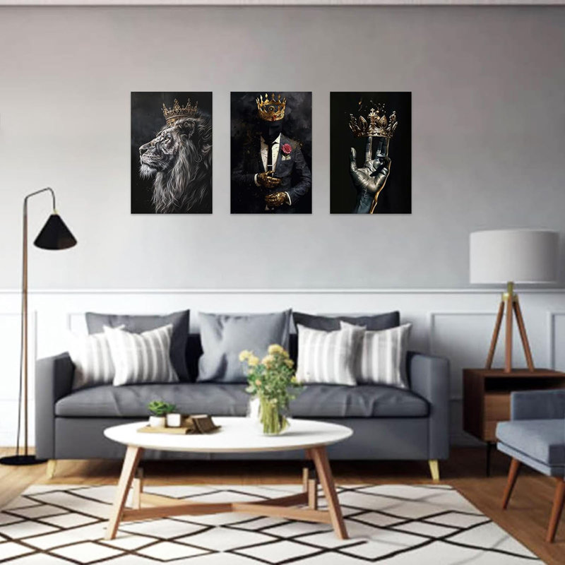Art mural noir africain, couronne dorée, image du roi lion, reproduction sur toile, œuvre d'art afro pour bureau à domicile, décoration de salon encadrée