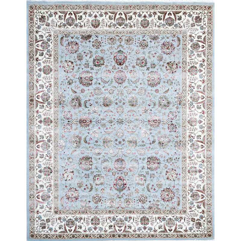 Tapis ivoire et bleu clair noué à la main de haute qualité, Rectangle 6 pi x 9 pi