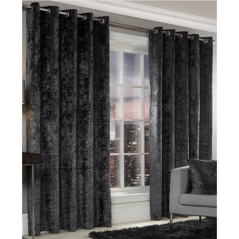 Eleanora Crushed Velvet Eyelet Panels, Charcoal, Width 229 x Drop 229 cm