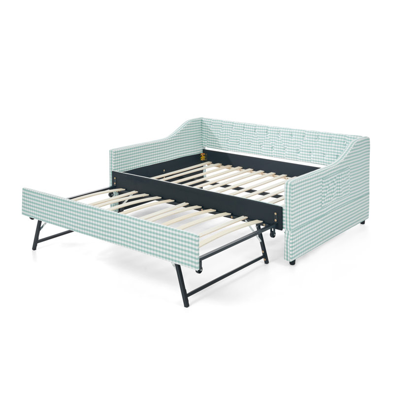 Full‑Size Daybed,Upholstered Convertible Daybed with Tufted Button Backrest, 3‑in‑1 Versatile Sofa Bed with Pull‑Out Trundle & Side Storage, Perfect for Compact Living