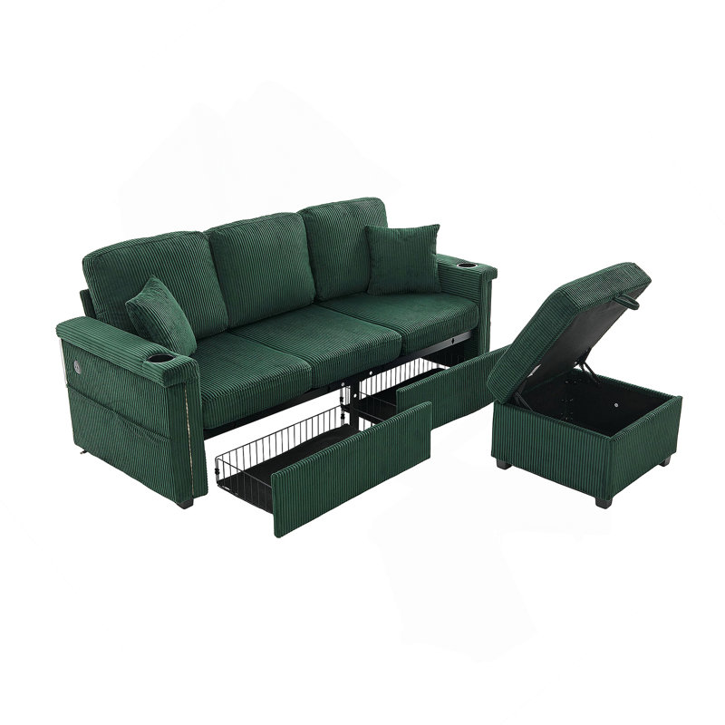 L-Shaped Sectional Sofa With Pull-Out Storage, Ottoman, Pillows, USB Charging, Cup Holder And Convertible Design For Living Room And Apartment