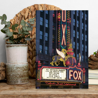 Neon sign of a stage theater lit up at dusk Fox Theatre Woodward Avenue Detroit Michigan USA 1 Piece Wrapped Canvas Wall Art