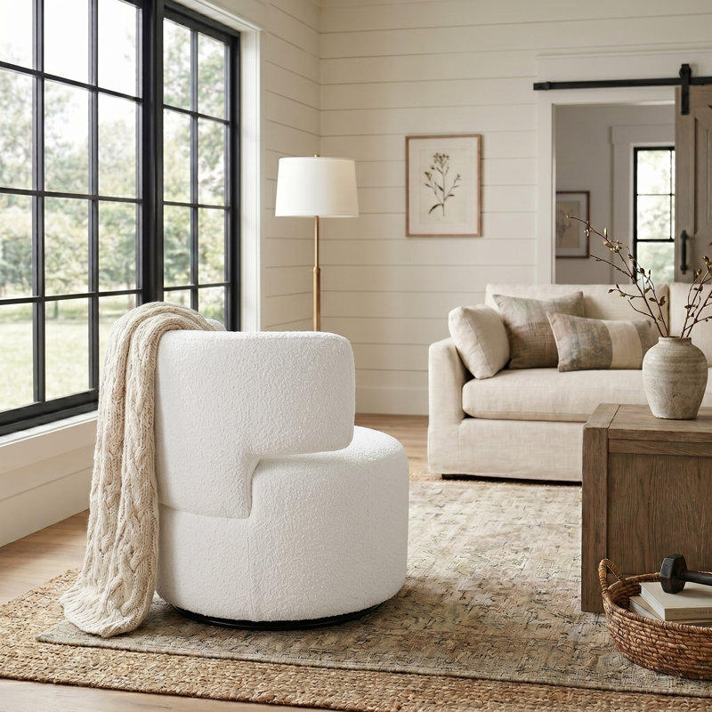 Narissa Swivel Accent Chair with Throw Pillow, Ivory Teddy