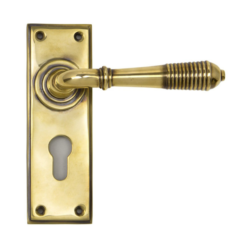 Reeded Lock Door Handle Kit, Aged Brass