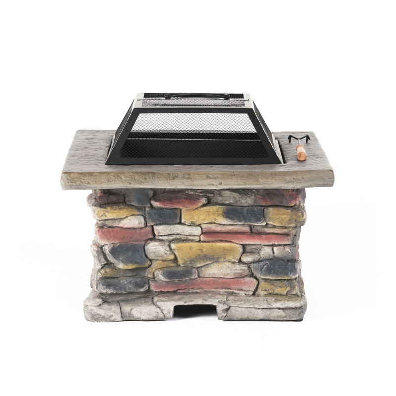 28" Concrete Wood Burning Outdoor Fire Pit Table with Lid, Natural/Gray