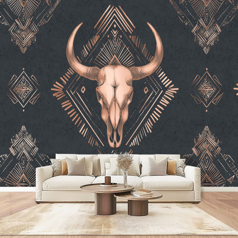 Peel and Stick papier peint mural Boho cornes de crâne de taureau sans soudure, arrangement ethnique, objets minimalistes, art mural auto-adhésif et amovible