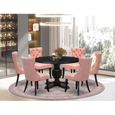 Cet ensemble de salle à manger 7 pièces comprend une table de cuisine ronde de 48 po avec piédestal et 6 chaises Parson en tissu de polyester beige rouge, noir sablé