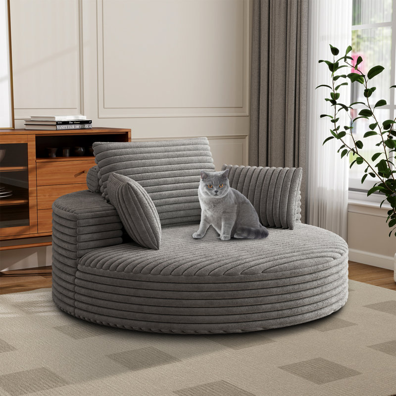 Wide Corduroy Swivel Chair And Fluffy Sleeper Sofa With 360° Rotation For Living Room And Lounge, Gray