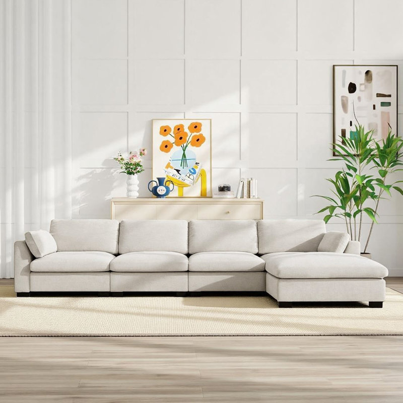 Canapé modulaire de 130 po en chenille avec repose-pieds, Beige