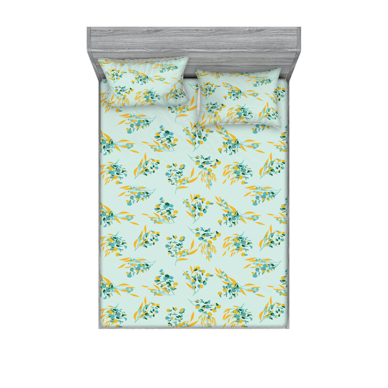 Drap-housse et taies décoratives 3 pièces Ambesonne, Amande, vert, jaune souci / floral