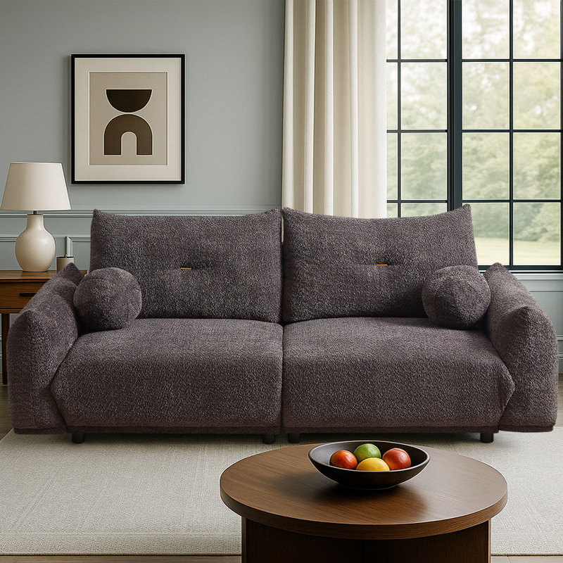 Lambswool 90" Oversized Sofa With 2 Ball Pillows, Comfy Sherpa Lambswool Fabric With Wood Leg, Mackworth Dark Gray Lambswool