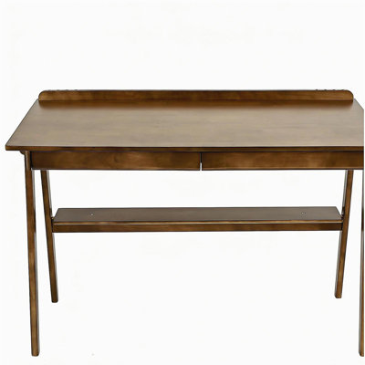 Solid Wood Writing Desk, Home Office Desk for Small Spaces, Mid Century Modern Desks with 2 Drawers & Storage Shelf, Standing Desk with Side Hooks for Study, Bedroom, Office (Walnut)