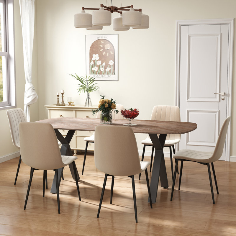 71” Rectangular Dining Room Table Set, Beige, 7