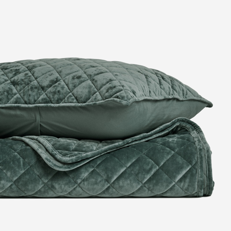 Luxury Diamond Crushed Velvet Quilt Set, Dark Green, Queen Quilt + 2 Queen Shams