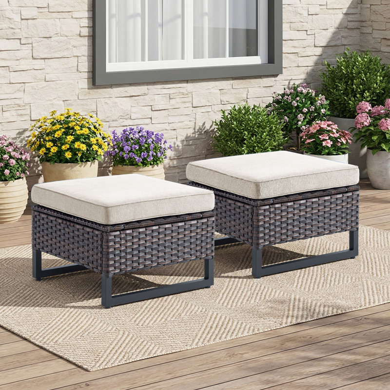 Ensemble de 2 repose-pieds en rotin avec coussins amovibles en osier pour patio, Brun, Beige