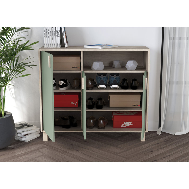 16 Pair Shoe Storage Cabinet, Light Oak Green