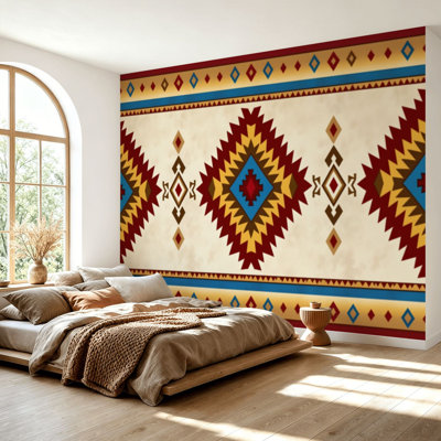 Wall Mural Peel and Stick Wallpaper Navajo tribal seamless Native American ornament Ethnic South Western Self-Adhesive Removable Contact Paper Wall Decor for Living Room Bedroom 69"H x 96"W