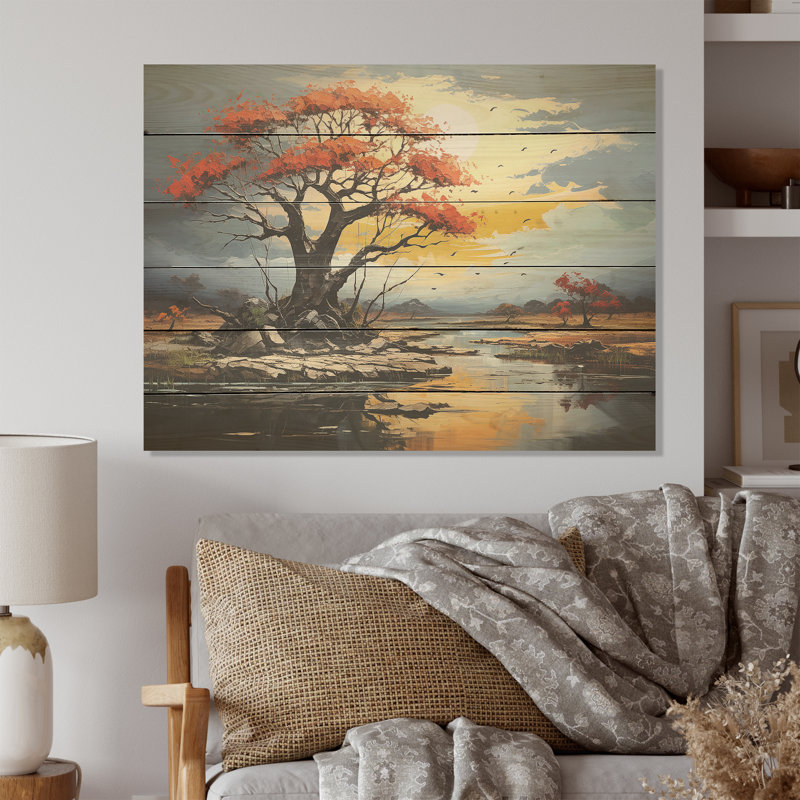 Baobab rouge, paysage, arbre, baobab, art sur bois de pin naturel, H 30 po x l 40 po