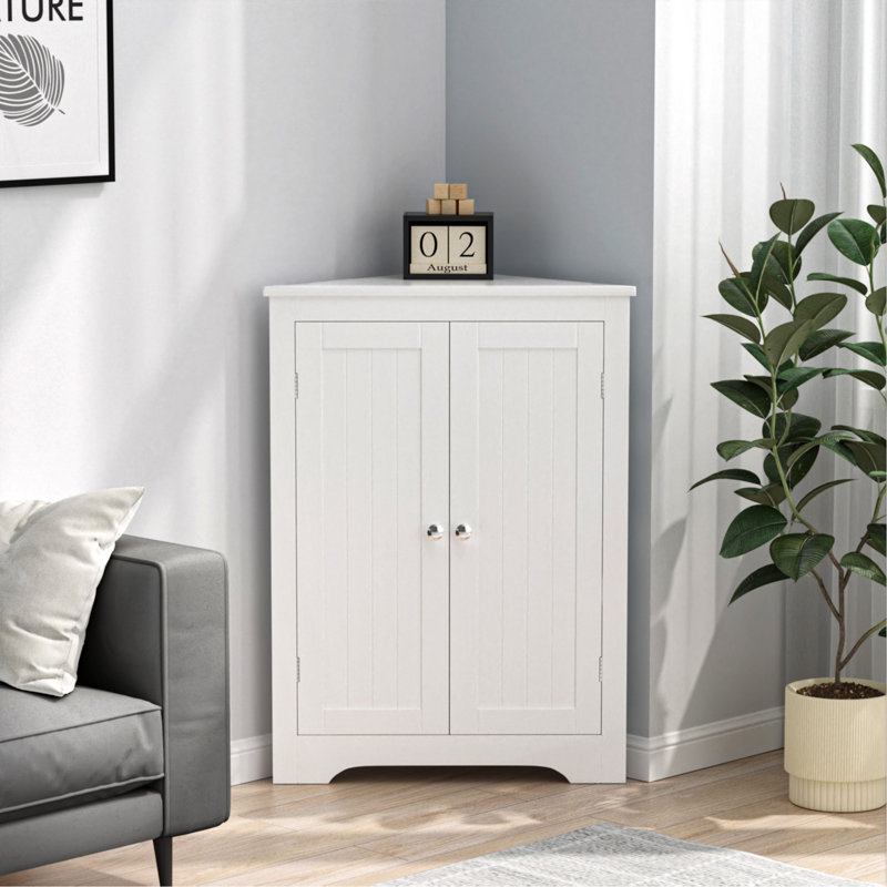 Floor Corner Cabinet With 2 Doors And Adjustable Shelves, Freestanding Narrow Cabinet Organizer, Corner Storage Cabinets For Bathroom, Kitchen, Living Room, Or Bedroom, White