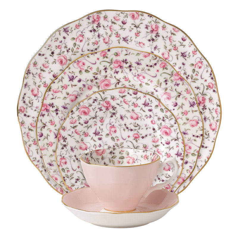 Couvert individuel en porcelaine tendre, 5 pièces Royal Albert Rose Confetti, service pour un