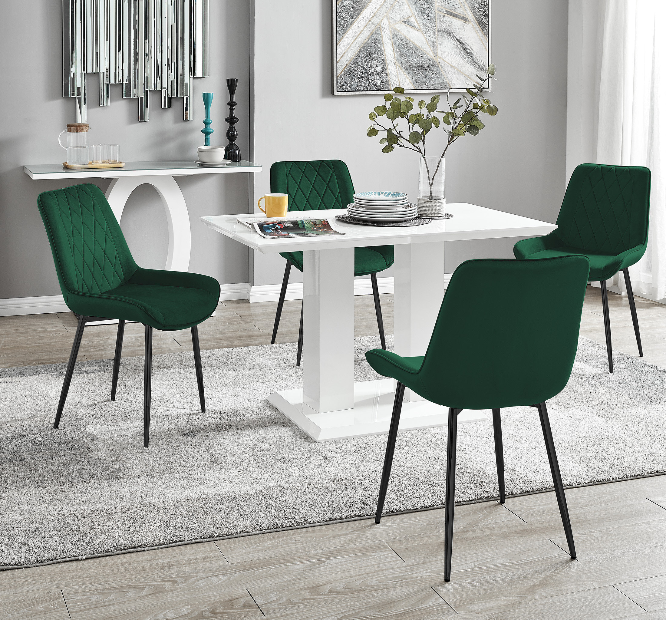 East Urban Home Eubanks High Gloss Double Pillar Dining Table Set with