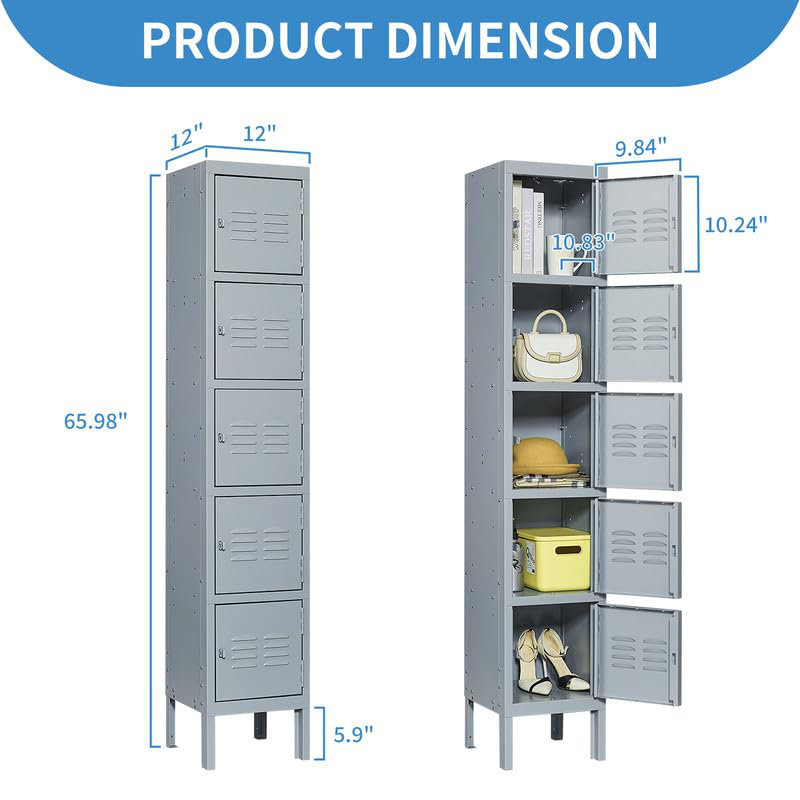 Gray 66-Inch Steel 5-Door Office Storage Locker Cabinet