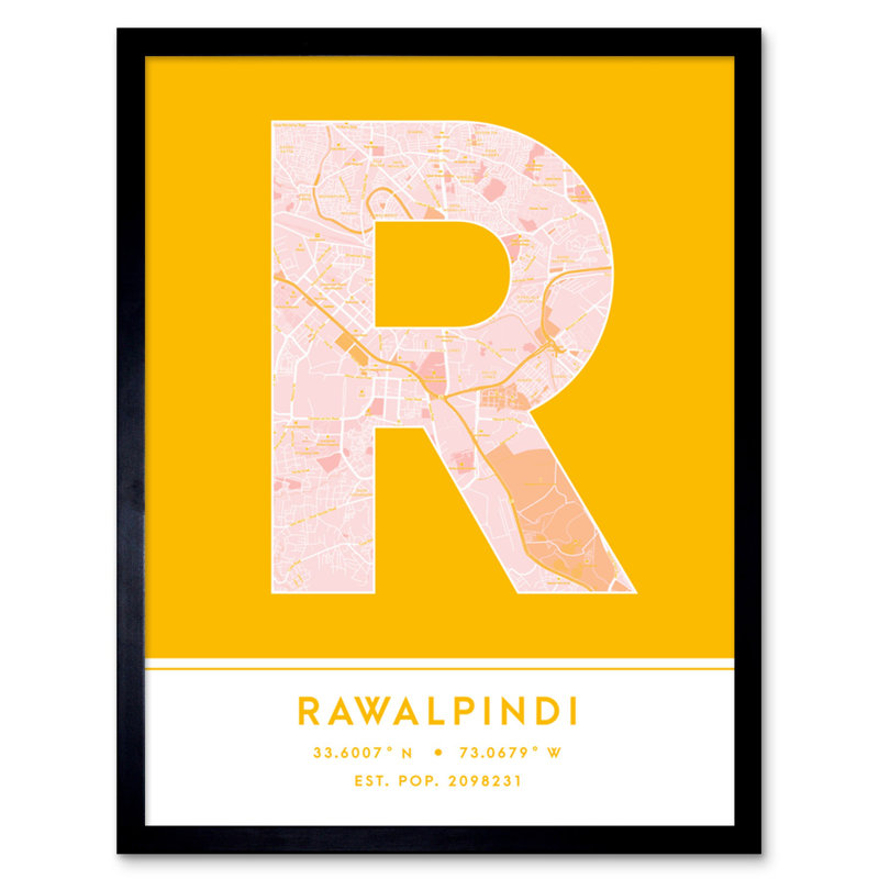 Rawalpindi Pakistan City Map Yellow - Single Picture Frame Typography