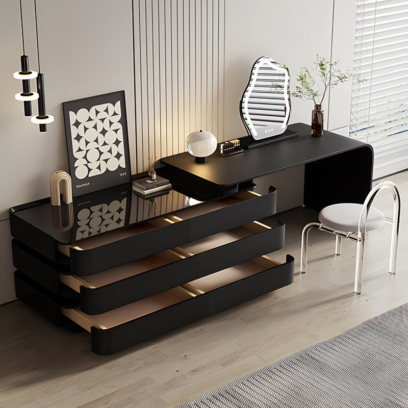 Chente Fully-Assembled, 47.24''-90.55'' Extendable Vanity Modern Solid Wood 6 Drawers Double Dresser, Black