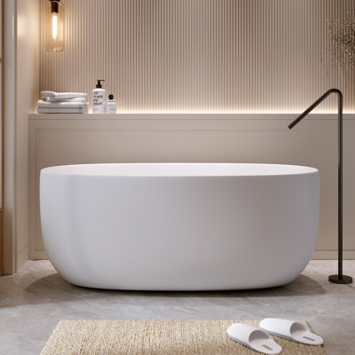 51" x 25.6" Freestanding Solid Surface Resin Stone Bathtub with Overflow and Pop-up Drain for Small Households