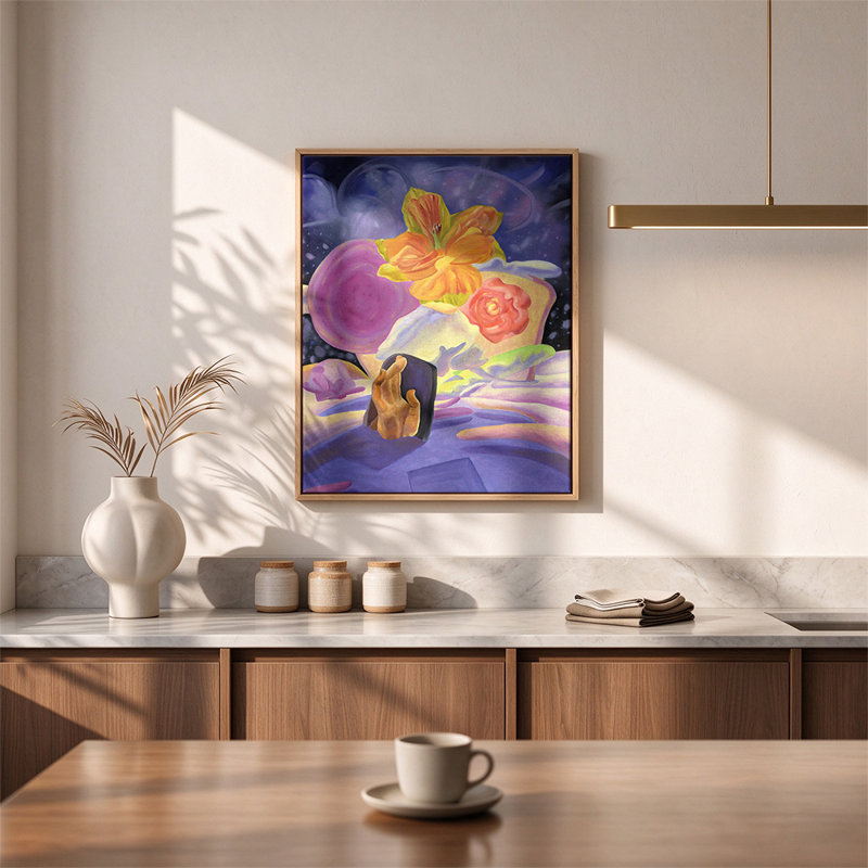 Main dans une nature morte florale surréaliste sur toile murale, H 14 po x l 11 po, Walnut Frame