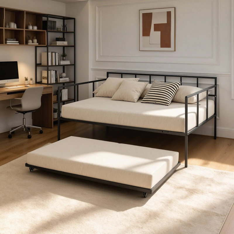 Lit de jour double avec lit gigogne escamotable en métal, pour la chambre d'amis du salon, conception en métal robuste, canapé-lit peu encombrant, 2 roulettes verrouillables, assemblage facile, noir