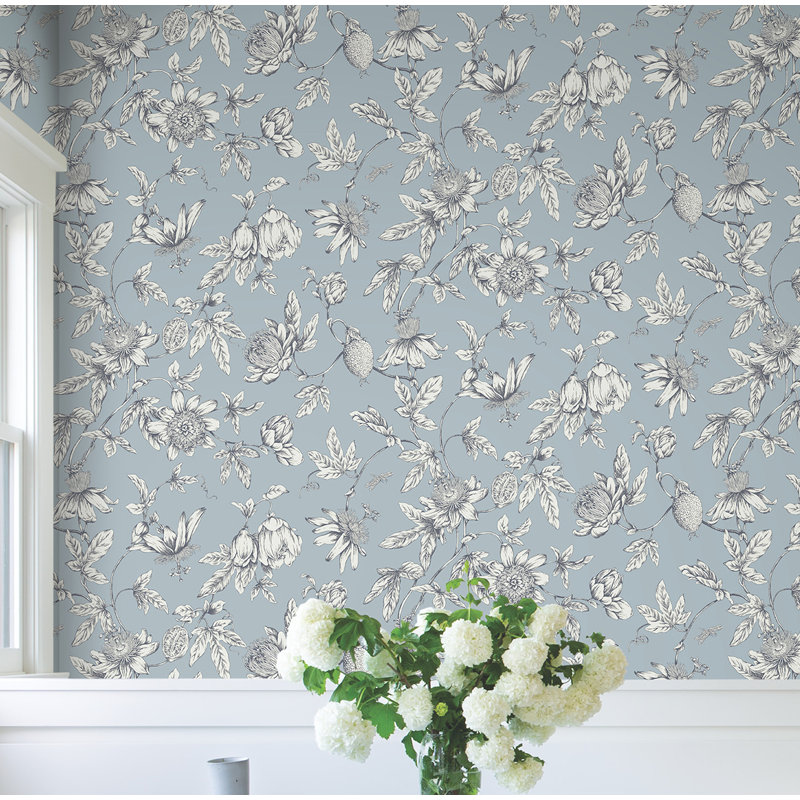 Passion Flower Toile Floral Wallpaper Roll, Sky Blue