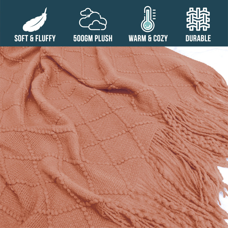 Coral Orange Knit Fleece Throw Blanket with Fringe Tassels