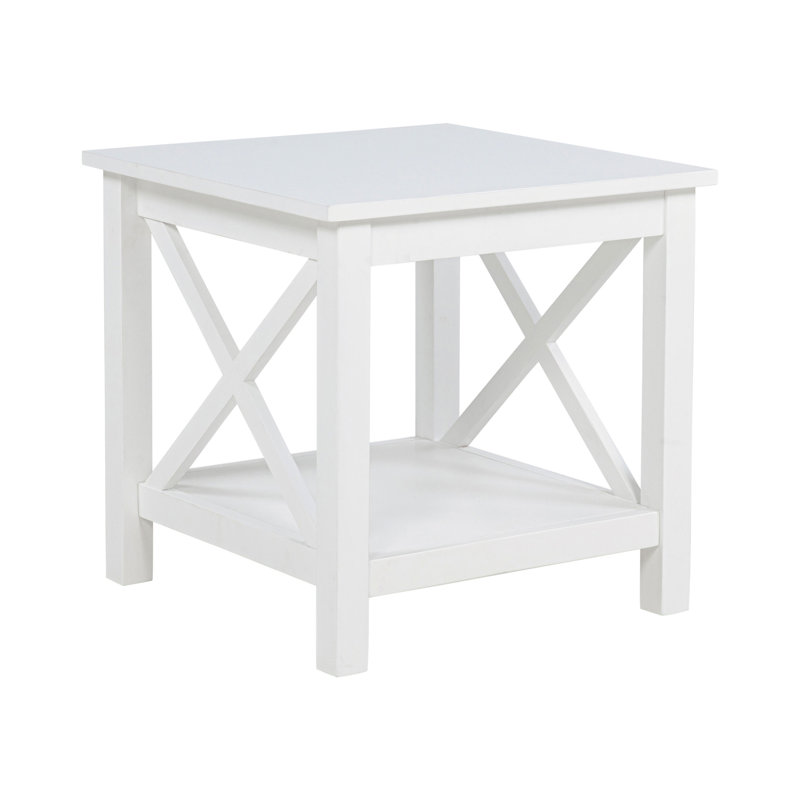 Table de bout carrée blanche, en pin et en bois d'ingénierie, avec cadre en X, pour table d'appoint blanche avec rangement décontracté, fabrication solide, lignes épurées, décor bord de mer