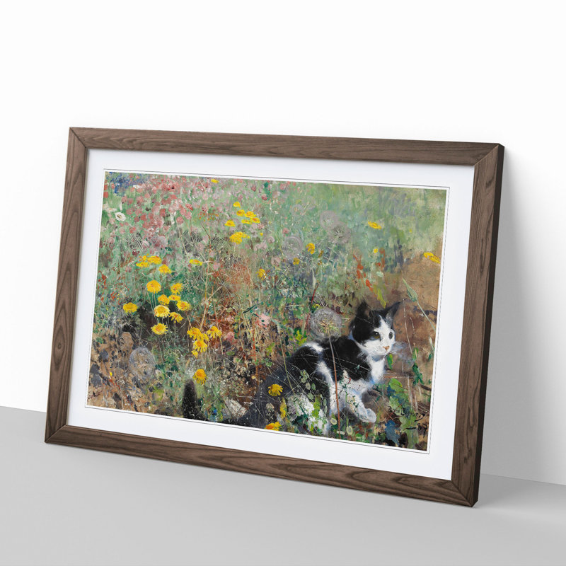 Cat on a Flowerbed by Bruno Liljefors - Picture Frame Painting, 27cm H x 36cm W x 2cm D, Walnut Framed