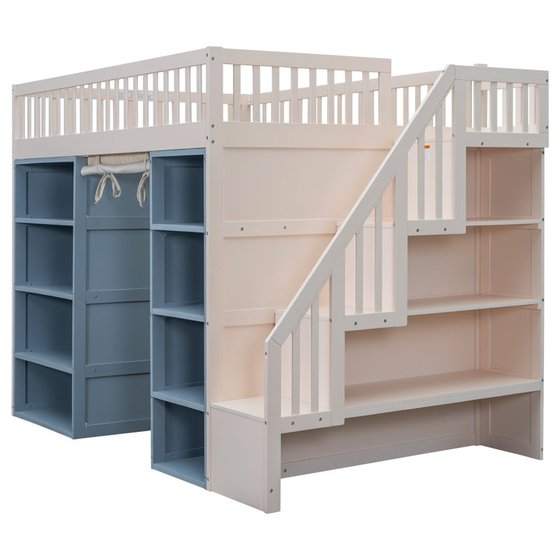 Lit mezzanine double avec escalier de rangement, 2 armoires à quatre couches et rideau d'intimité, blanc