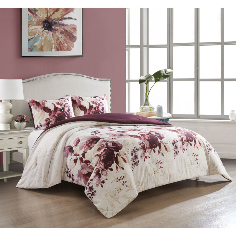 Anique 3 Piece Floral Comforter Set, King Comforter + 2 King Shams