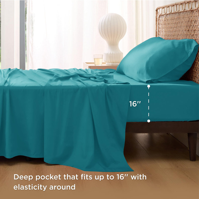 Ensemble de draps en rayonne de bambou Essential Collection, Turquoise, Ensemble de draps pour lit simple avec 1 taie d'or