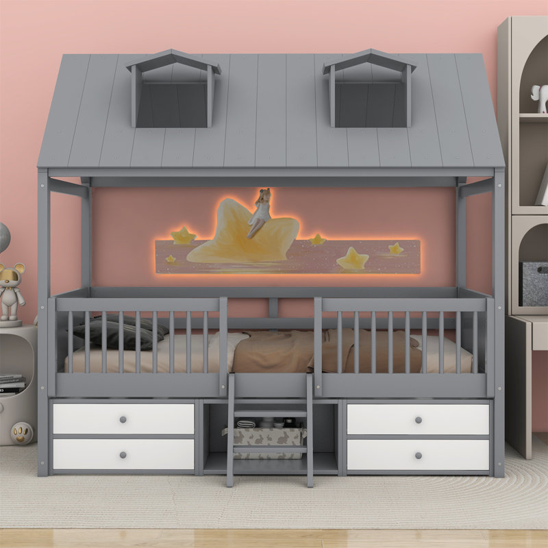 Motyka House-Style Bed with Built-Bed Roof and Storage, Gray, Twin