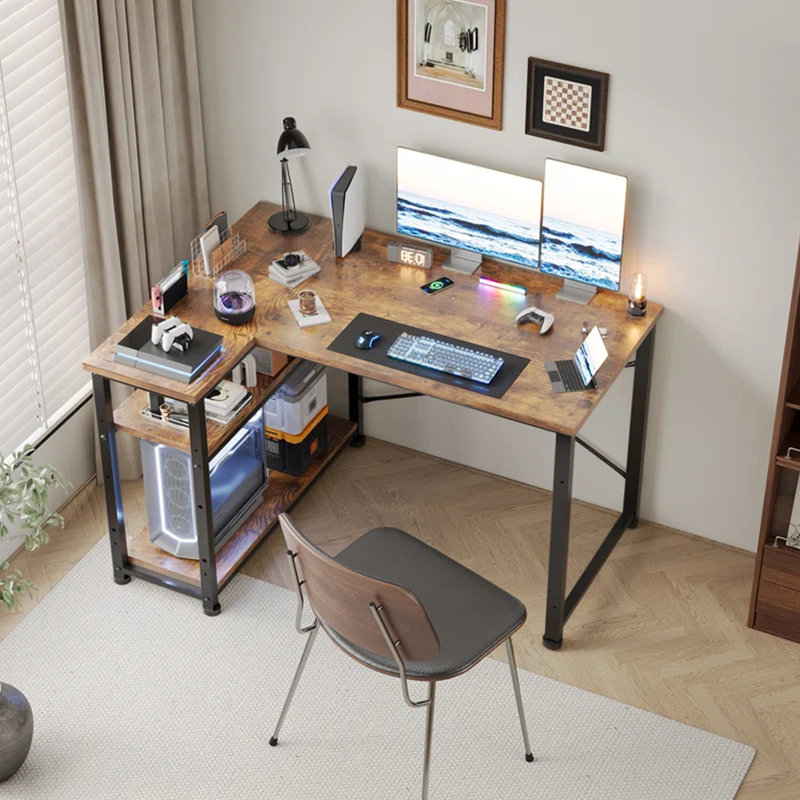 Ambus L Shape Computer Desk, Brown/White, Right Hand, 110cm W x 80cm D
