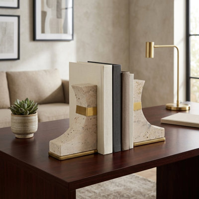 Decorative Curved Travertine Bookends - Modern Home Decor for Shelf Styling, Bookshelf Decor, or Office Desk Accessory - Set of 2, 6", Ivory & Gold