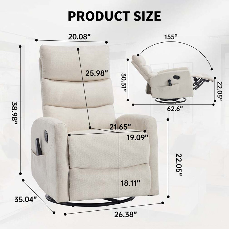 Swivel Manual Recliner Chair with Heat Massage Function, Beige