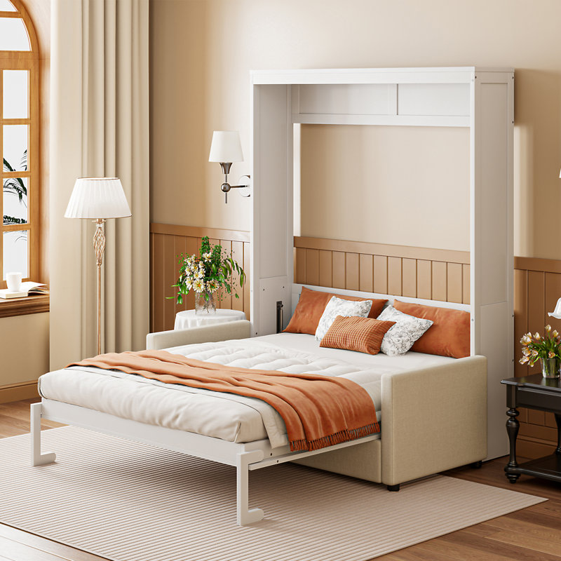 Full Size Murphy Bed Wall Bed With Cushion, White