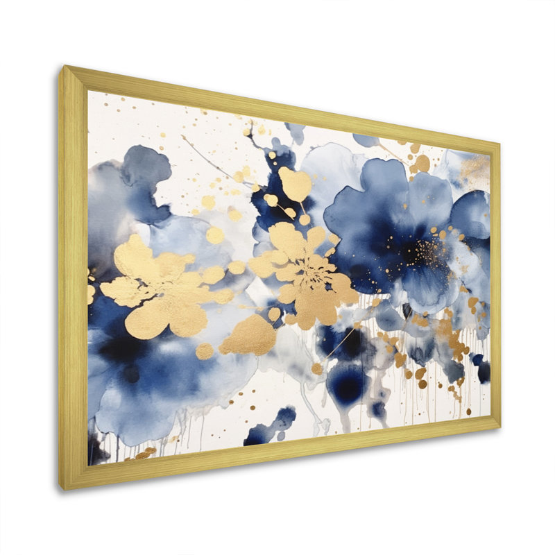 Fleurs bleues et lilas sur toile, Encadrement doré, H 16 po x l 32 po x P 1 po