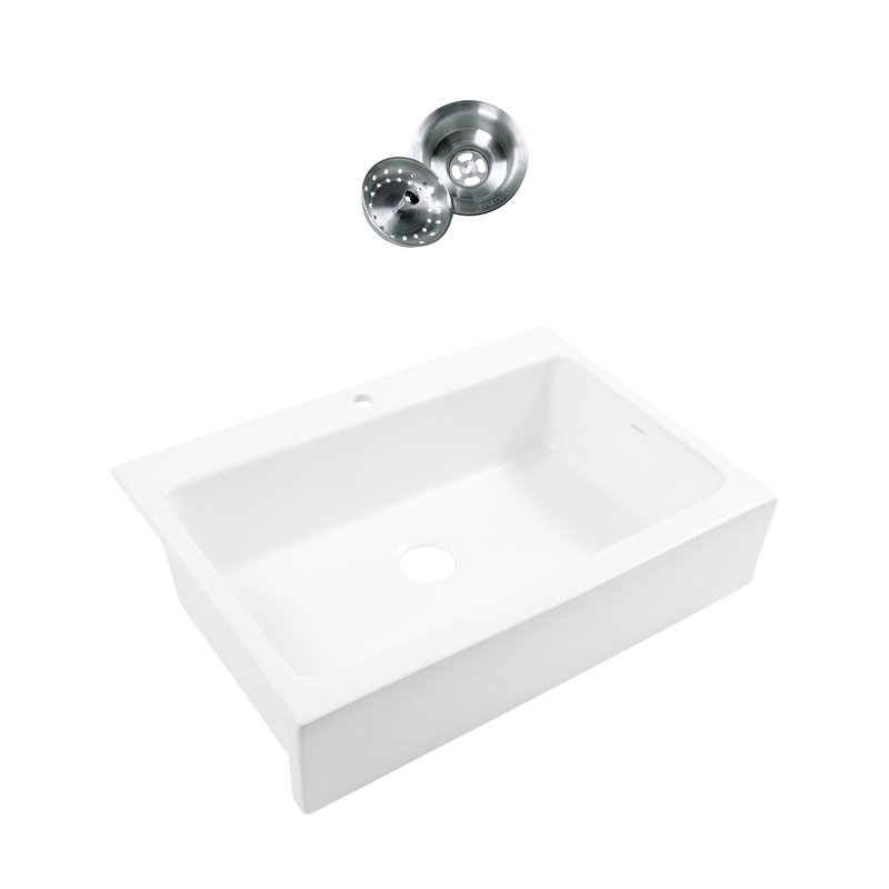 Parker White Fireclay 34" Single Bowl Quick-Fit Farmhouse Apron Front Drop-in Kitchen Sink and Drain, 1